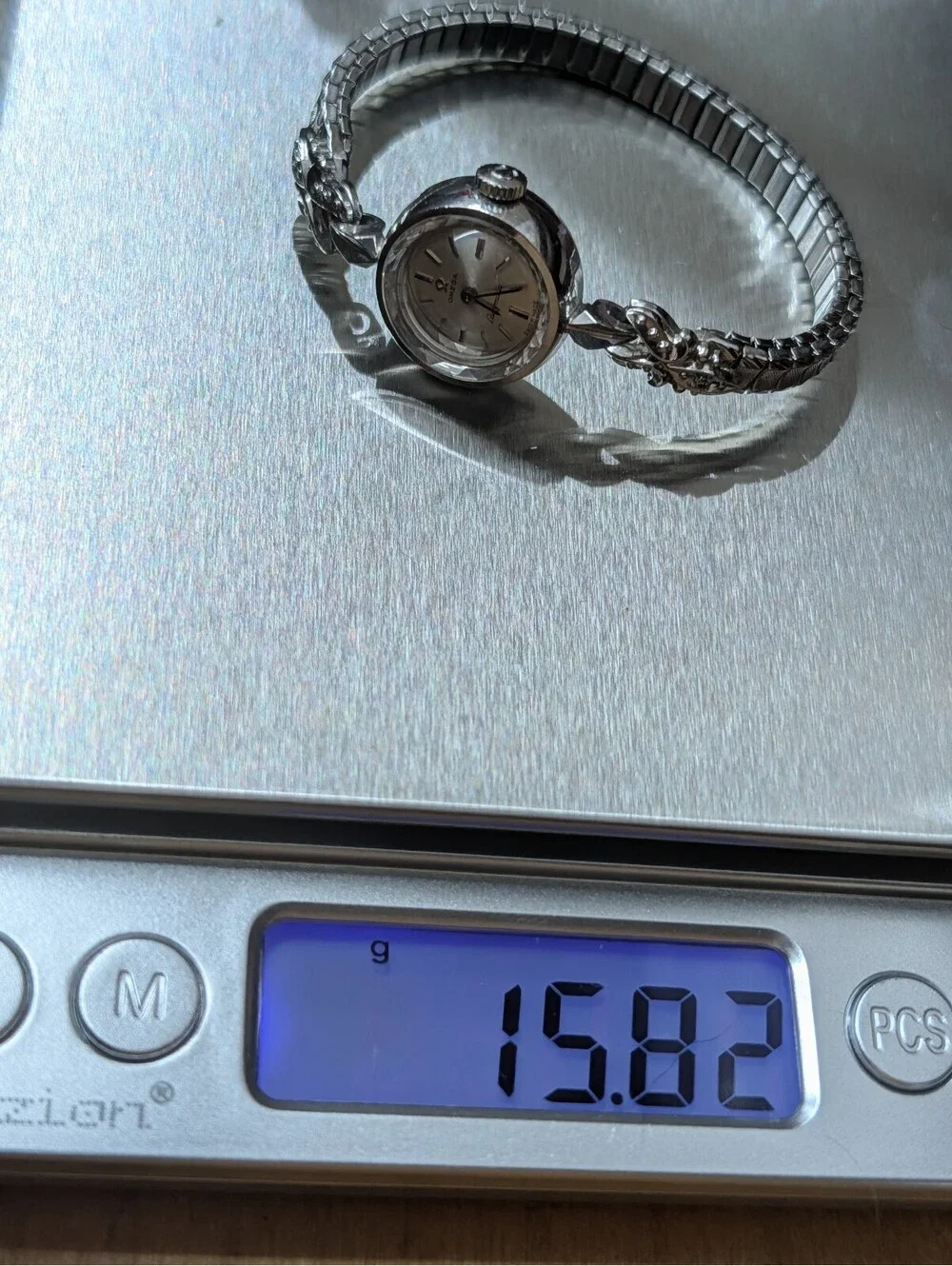 Vintage Omega Ladymatic 14K White Gold Watch Diamond Lugs Speidel Band Runs